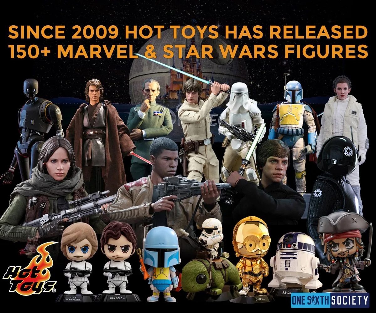 Montage of Star Wars figures and small stylized collectibles beneath historical text about Hot Toys Marvel and Star Wars releases.