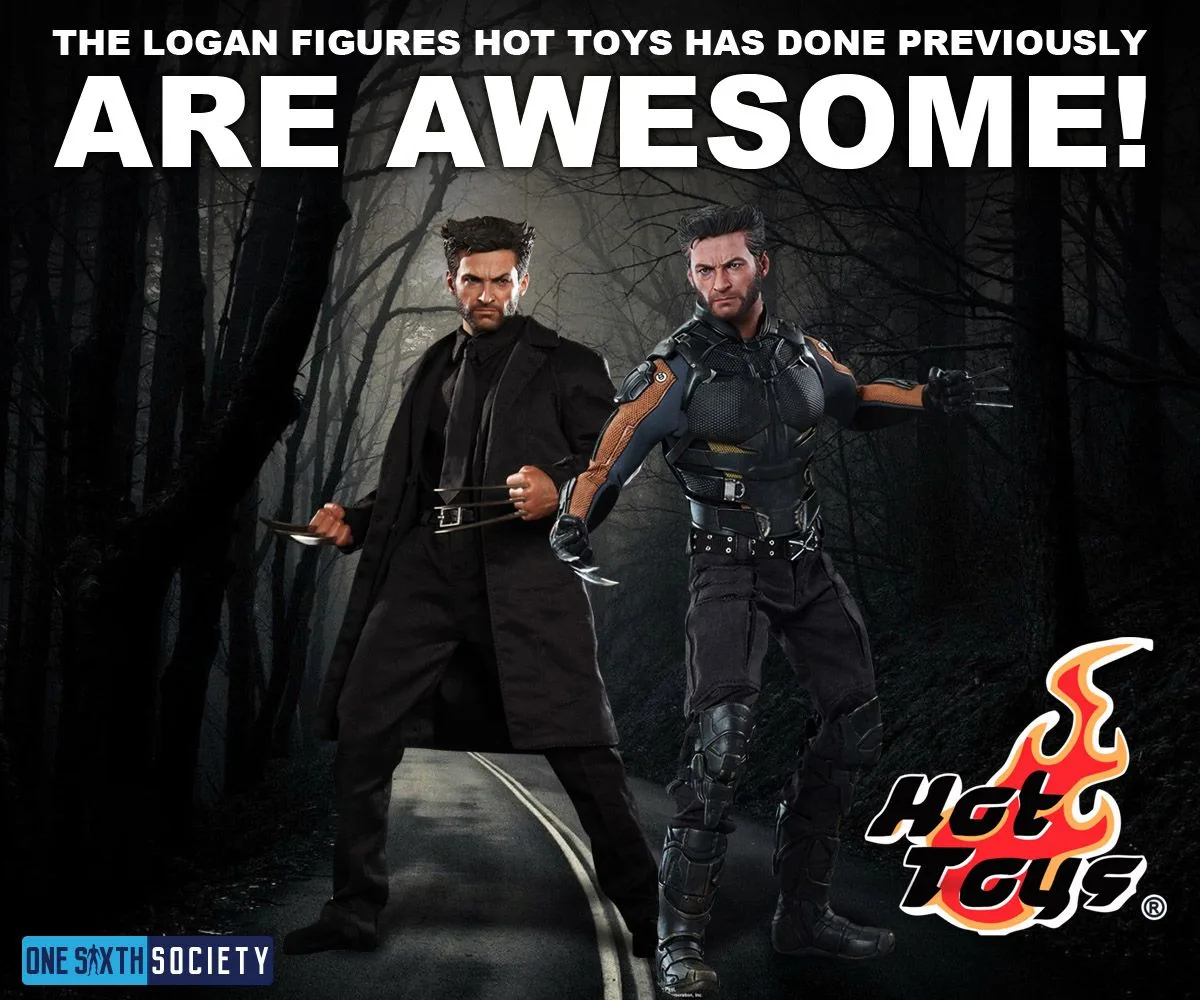 Two earlier Hot Toys Wolverine figures with extended claws, one wearing a black coat and the other dark armor, in a historical Logan article graphic.