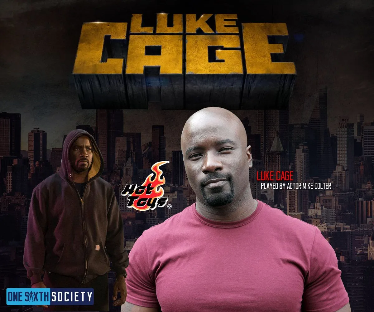 Luke Cage character-and-cast graphic pairing a hooded character image with a red-shirted portrait labelled Mike Colter.