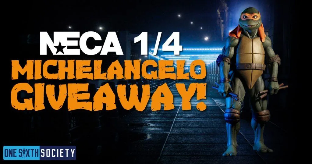 Archived NECA quarter-scale Michelangelo giveaway graphic showing the orange-masked Ninja Turtle figure against a dark blue-lit background.