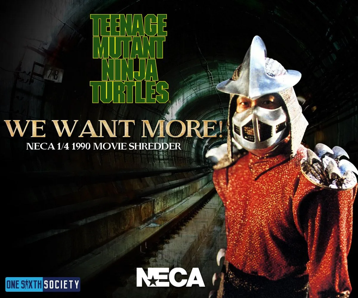 1990 Teenage Mutant Ninja Turtles Shredder artwork showing a silver helmet and red costume beside We Want More and a NECA logo.