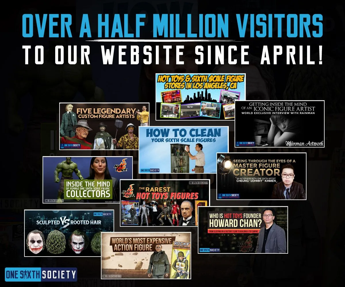 Collage of One Sixth Society article banners beneath a 2017 headline reporting over half a million website visitors since April.