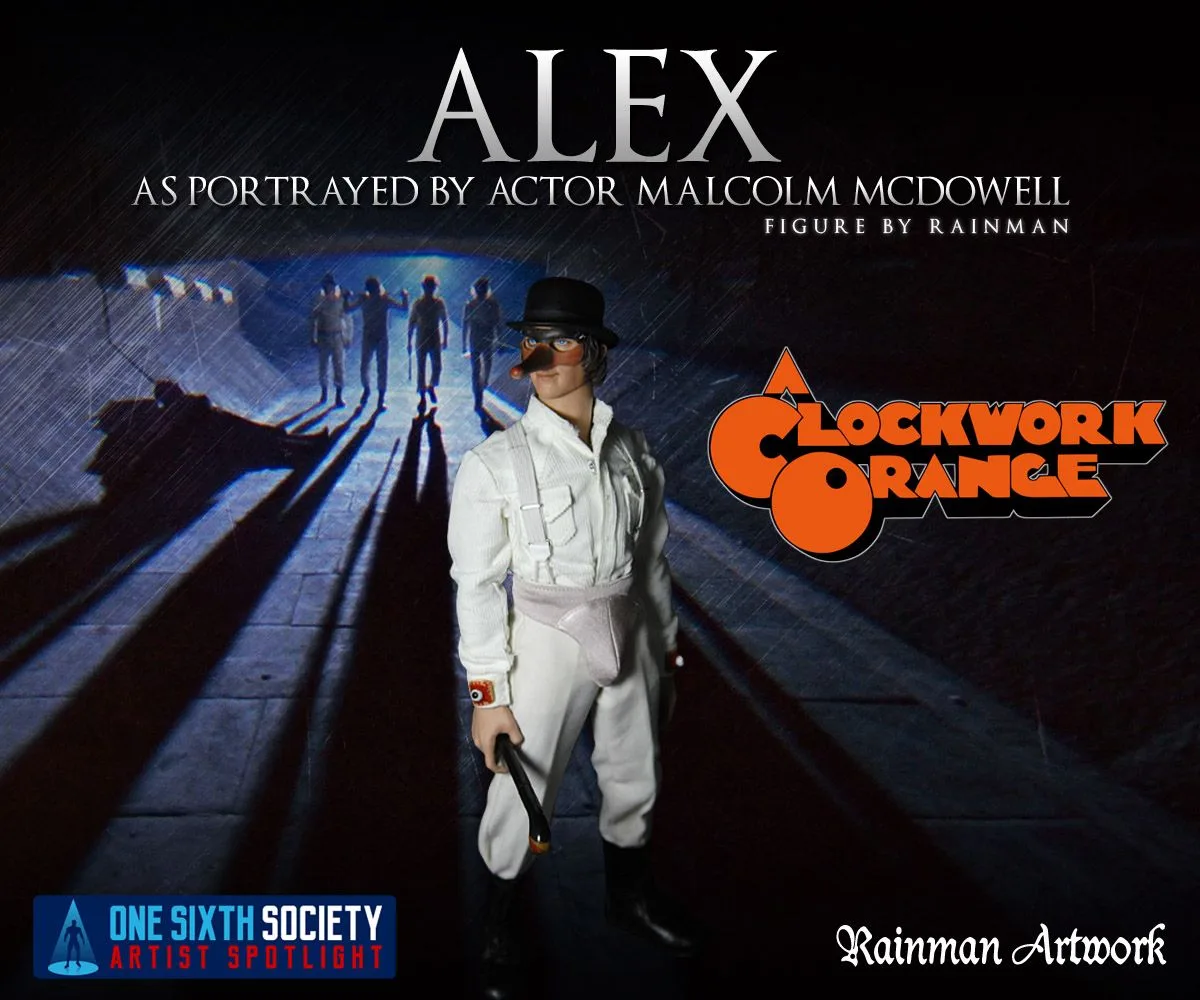 Rainman Artwork showcase of Alex from A Clockwork Orange in a white outfit, black bowler hat and boots, holding a cane against a film-themed backdrop.