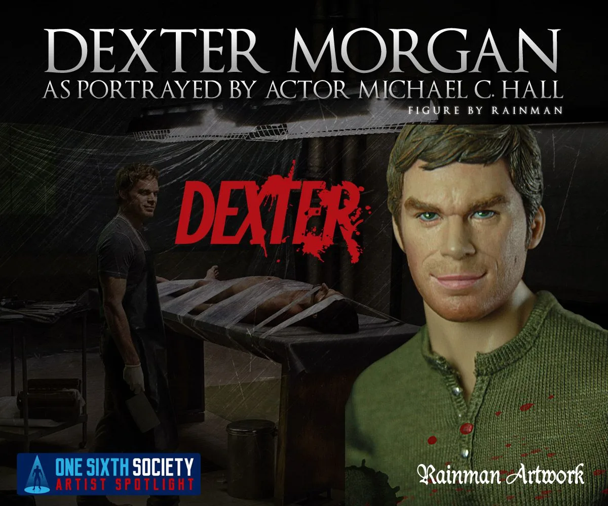 Rainman Artwork Dexter Morgan composite with a close-up of his head and green shirt beside a smaller figure and wrapped table scene.