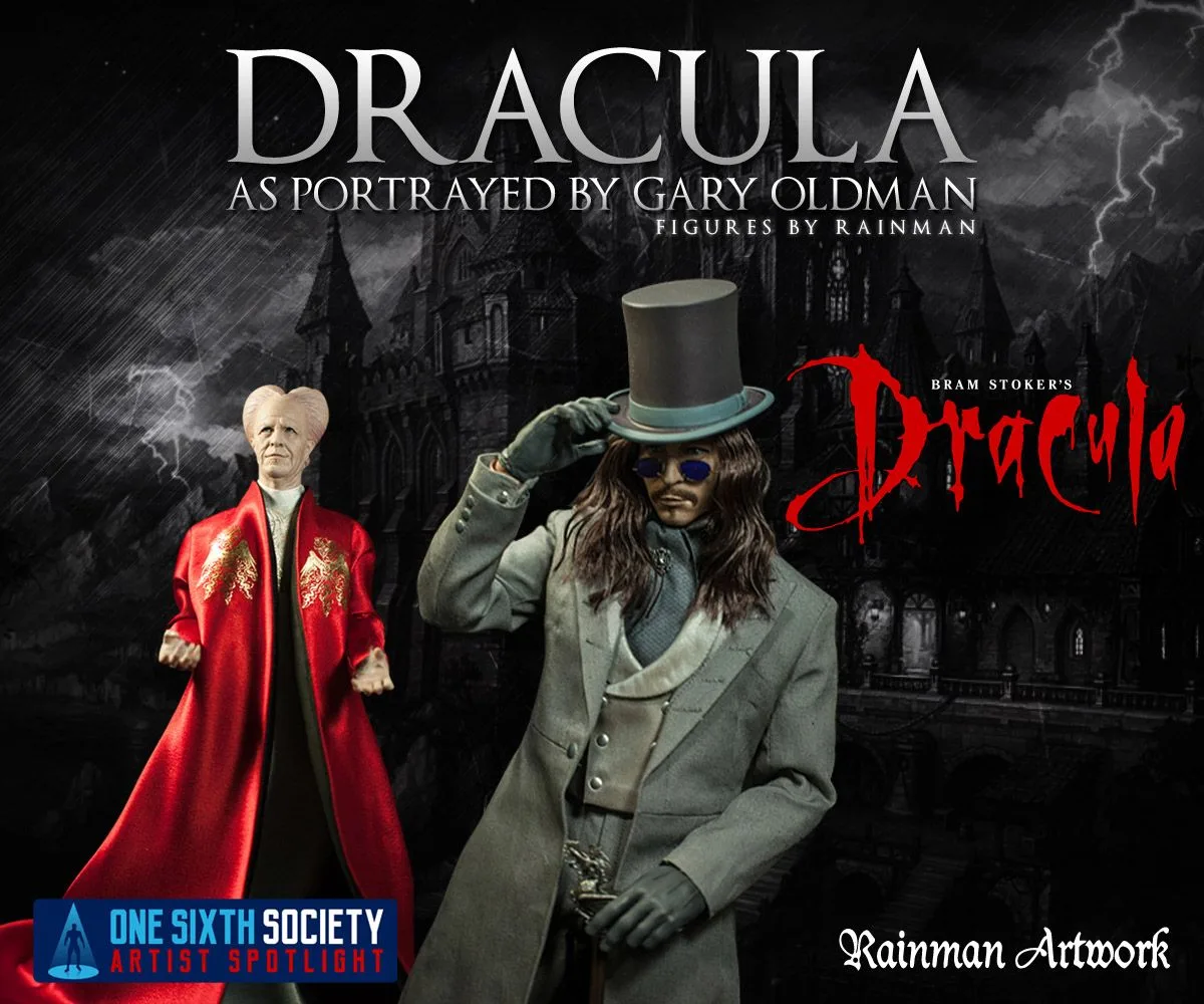 Rainman Artwork Dracula showcase with an older red-robed figure beside a long-haired figure in a gray suit, tall hat and blue glasses.