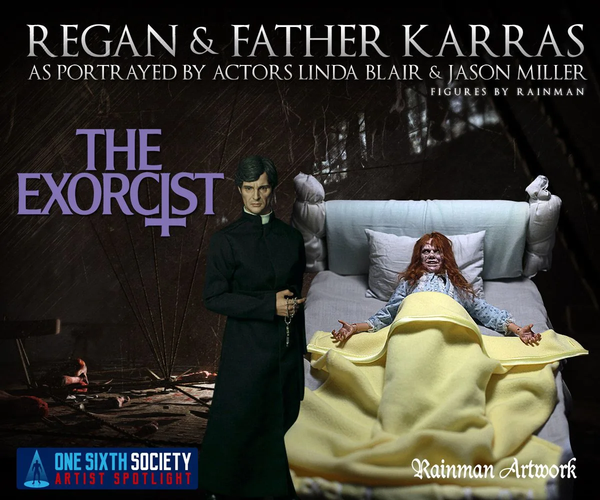 Rainman Artwork Exorcist scene with Father Karras in black clerical clothing beside Regan lying in a bed under a yellow blanket.