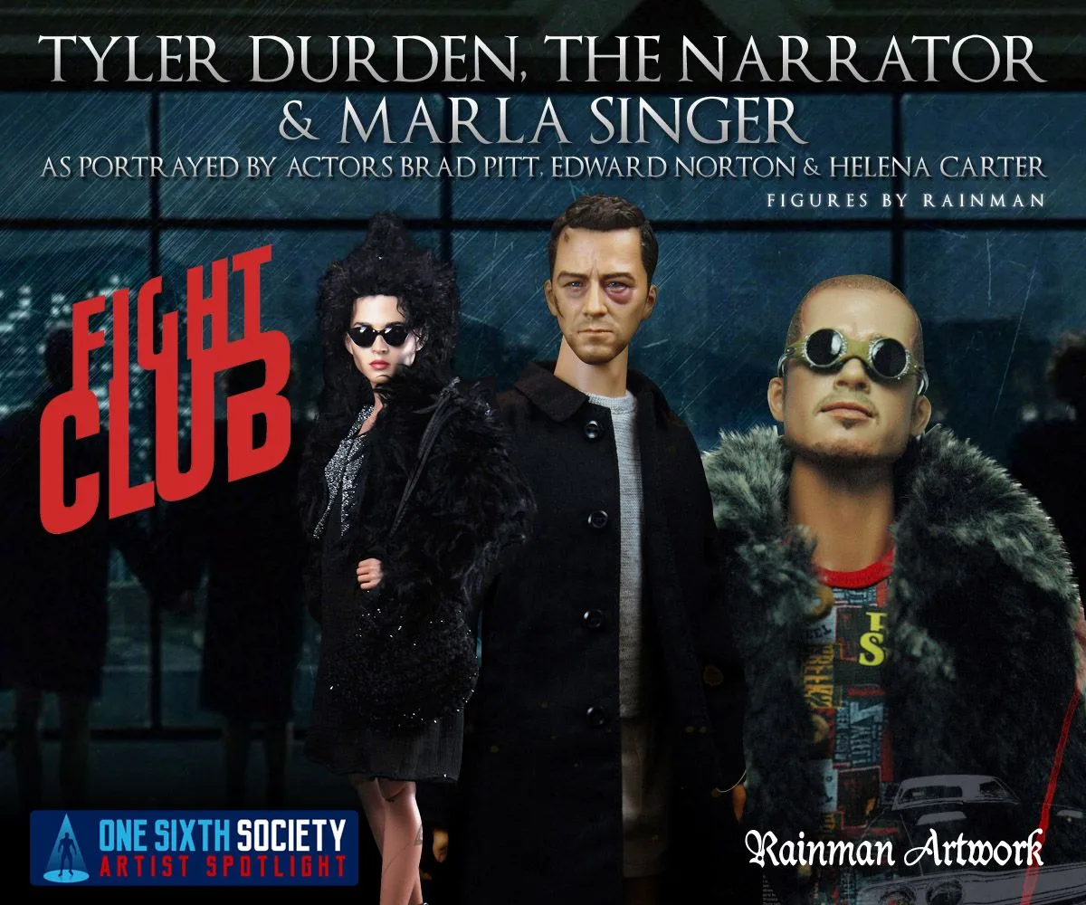 Rainman Artwork Fight Club composite showing Marla in black sunglasses, the Narrator in a dark coat and Tyler in round glasses and a fur-collared jacket.