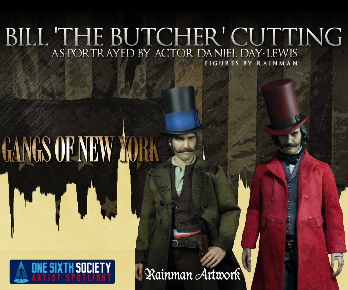 Two Rainman Artwork Bill the Butcher figures from Gangs of New York, wearing tall hats with contrasting olive and red coats.