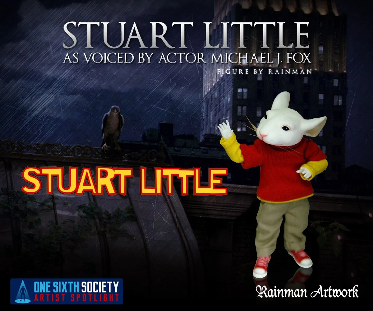 Rainman Artwork Stuart Little figure waving in a red sweater with yellow sleeves, beige trousers and red shoes against a night-city backdrop.