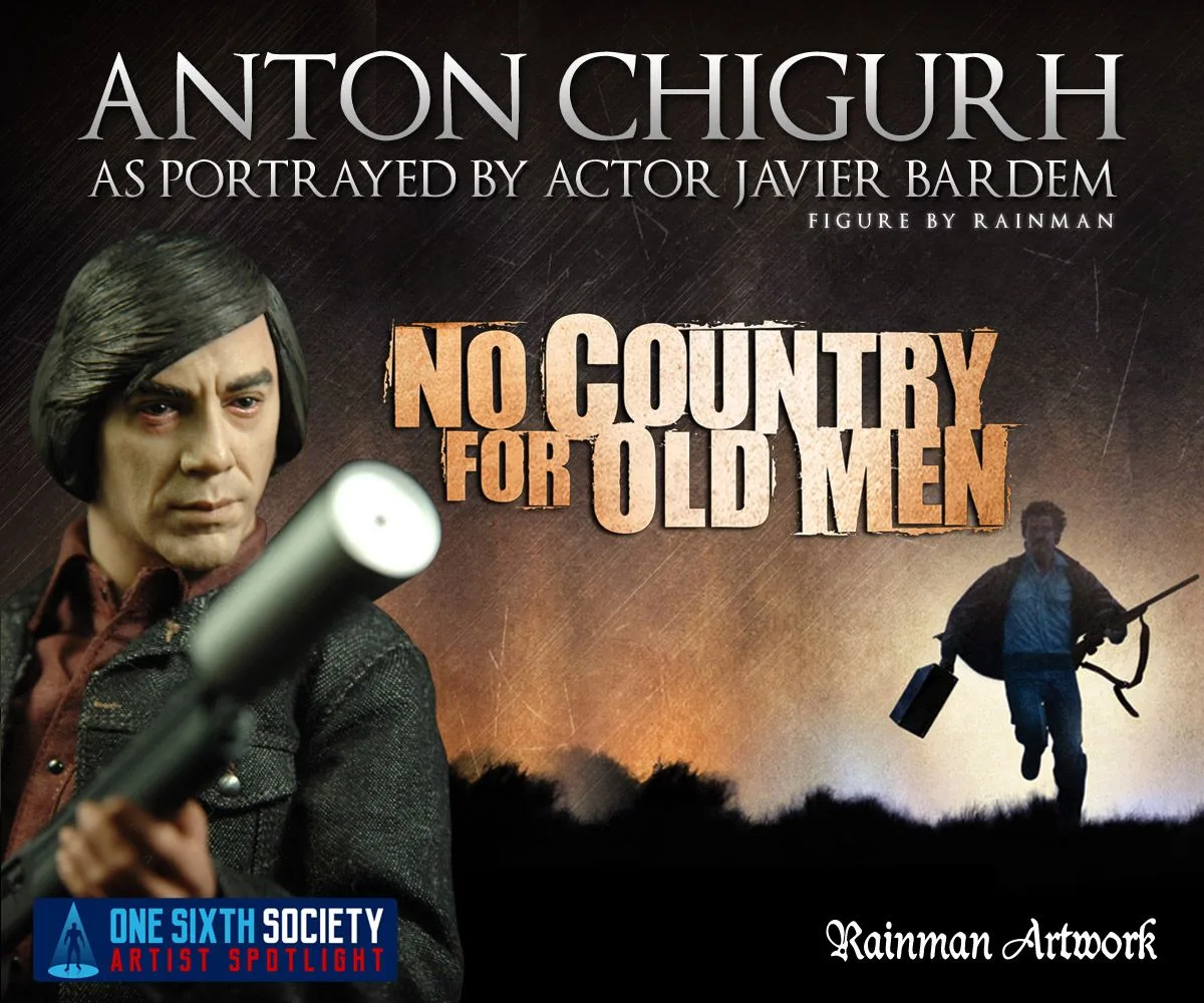 Rainman Artwork Anton Chigurh composite with a head-sculpt close-up, a shotgun aimed forward and No Country for Old Men artwork behind.