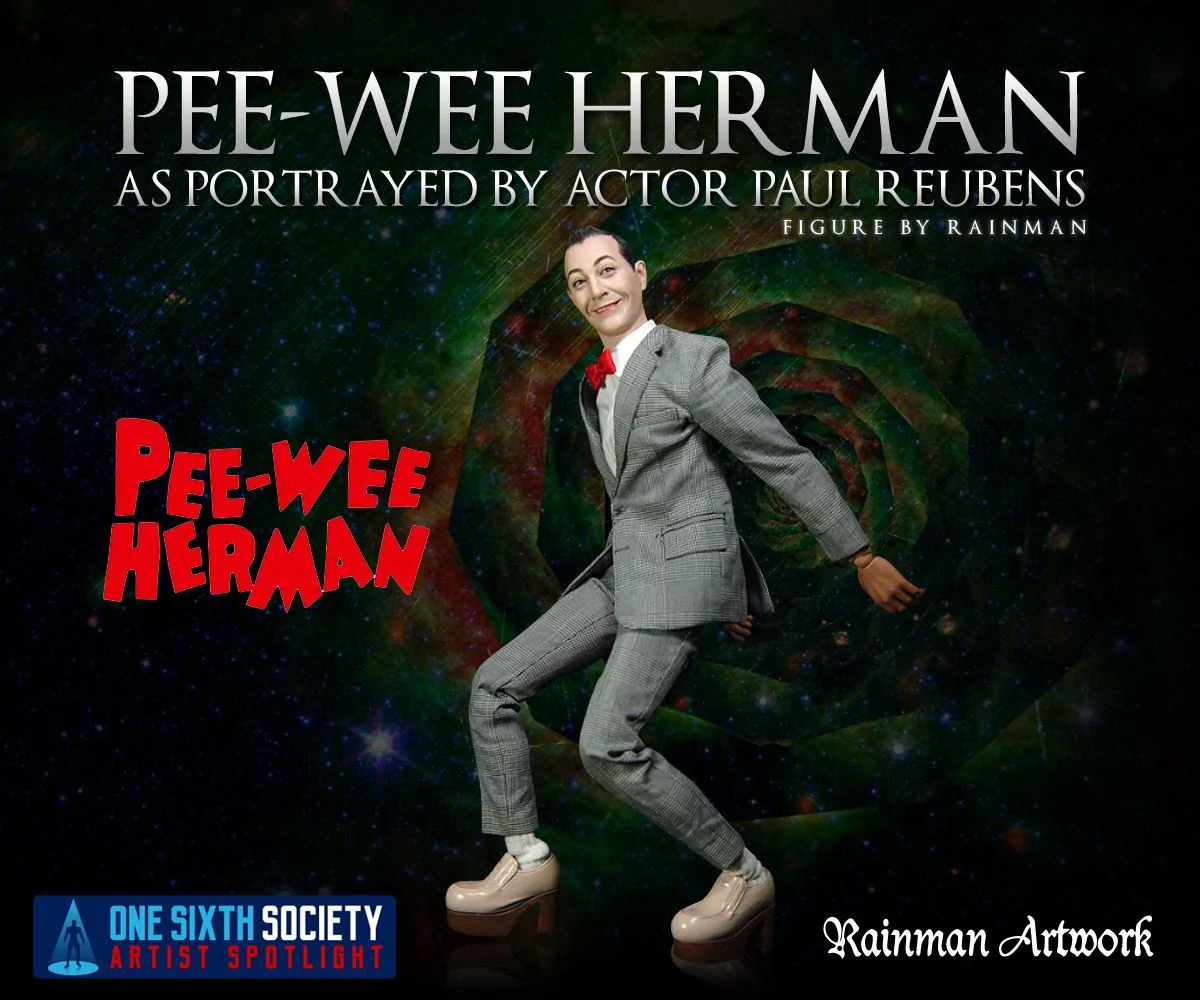 Rainman Artwork Pee-wee Herman figure in a gray suit, red bow tie and white shoes, posed with bent knees against a colorful spiral backdrop.