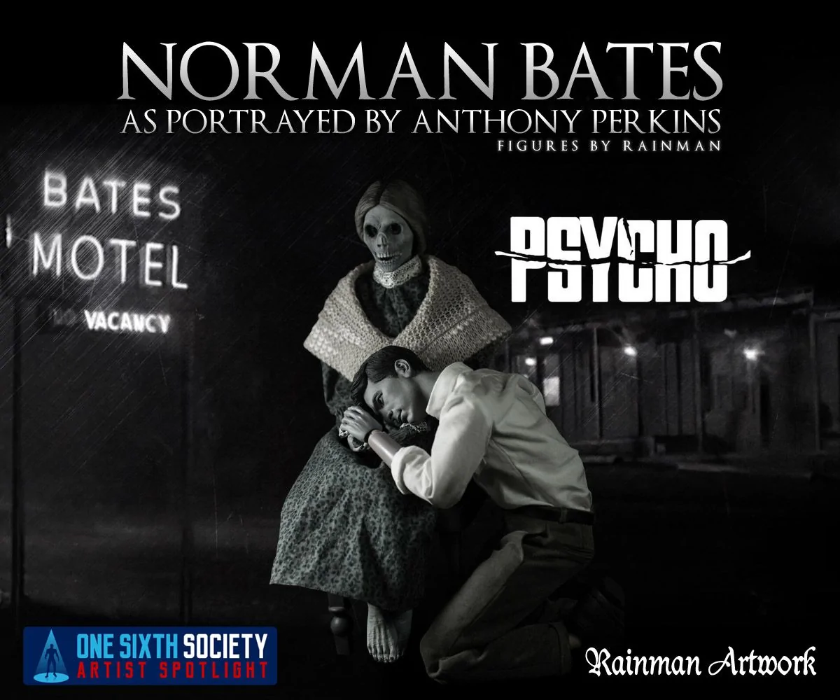 Black-and-white Rainman Artwork Psycho scene with Norman Bates leaning against the seated Mother figure beside a Bates Motel sign.