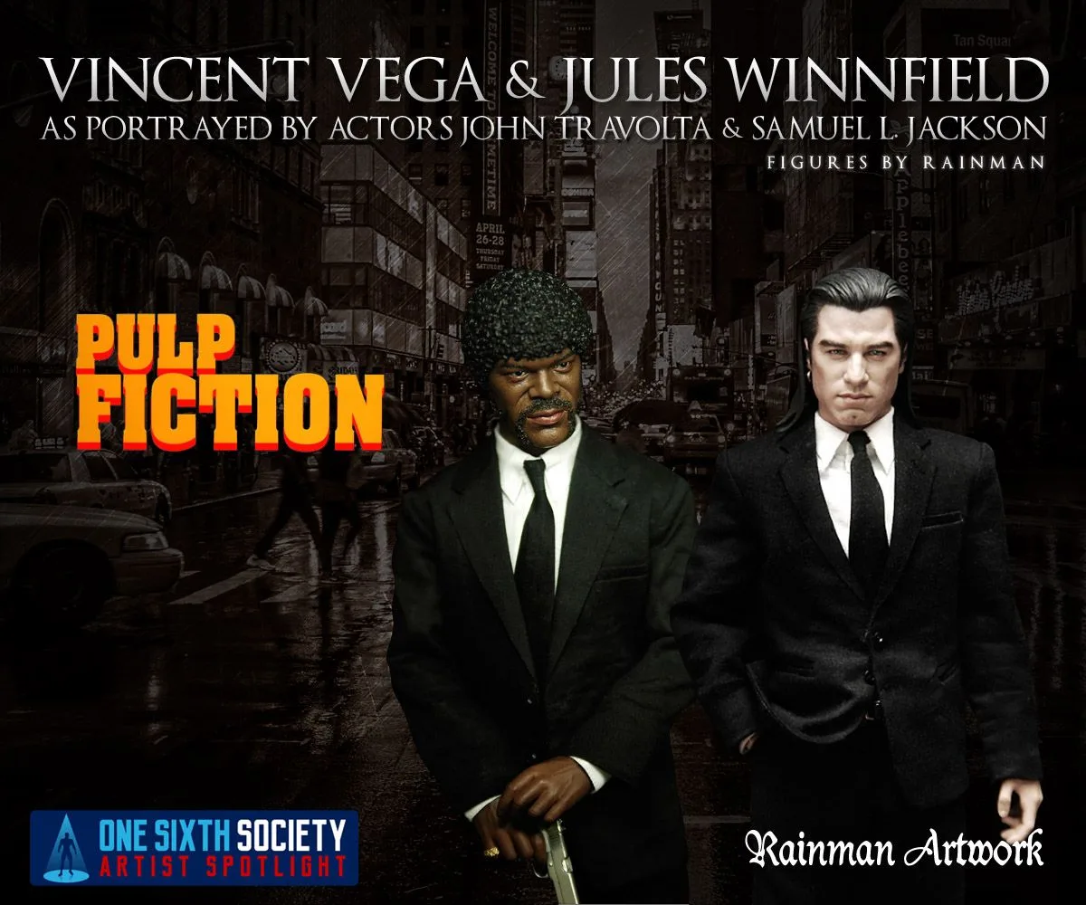 Rainman Artwork Jules Winnfield and Vincent Vega figures standing together in black suits, white shirts and black ties against a Pulp Fiction backdrop.