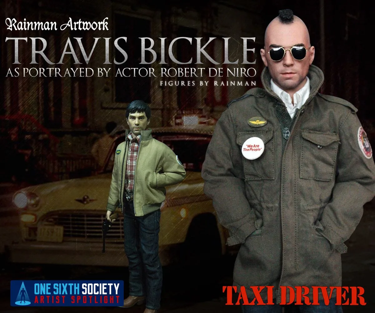 Rainman Artwork Travis Bickle composite with a mohawk-and-sunglasses portrait in a military jacket and a second figure beside a yellow taxi.
