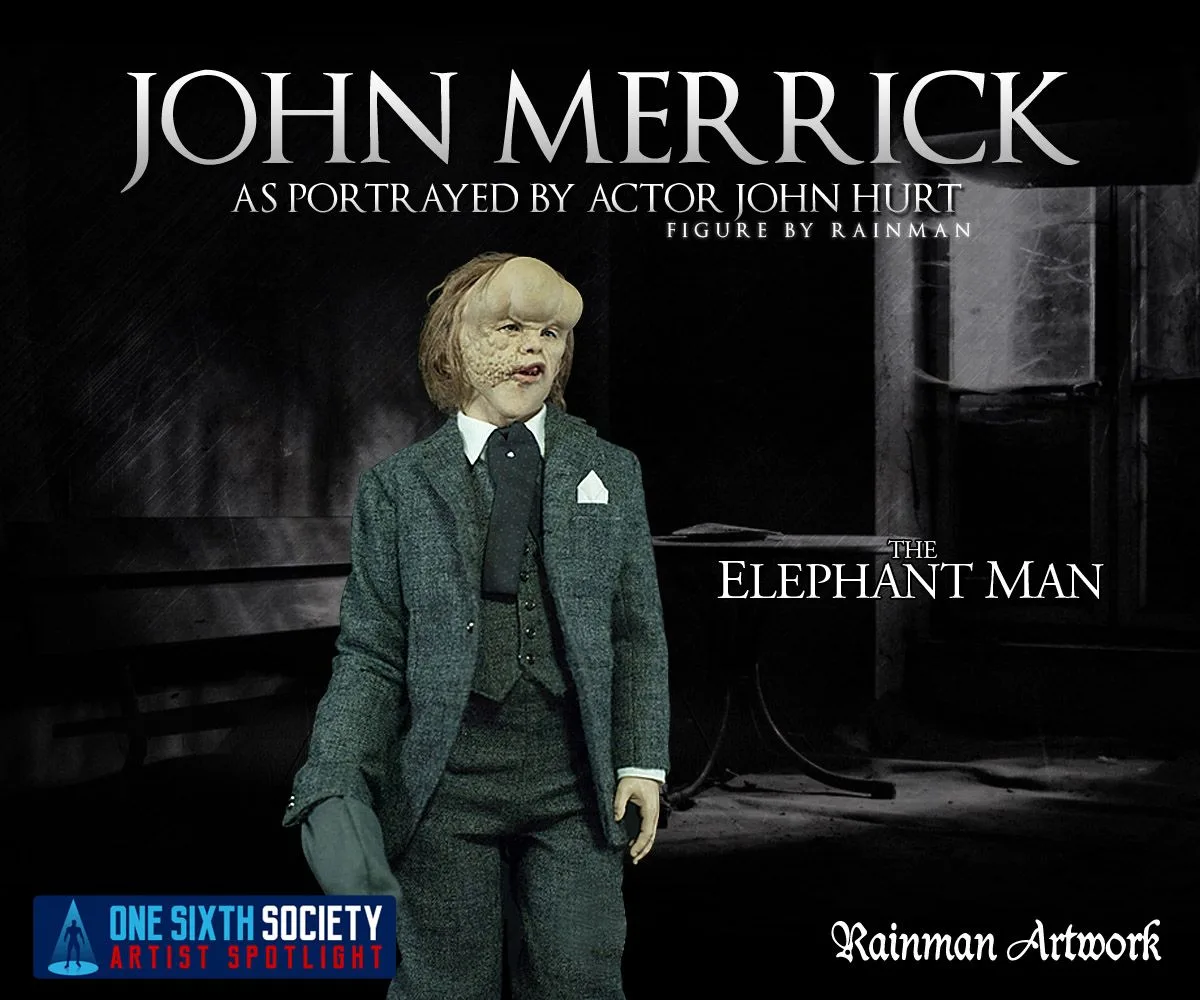 Rainman Artwork John Merrick figure from The Elephant Man in a gray three-piece suit and white shirt against a black-and-white street backdrop.