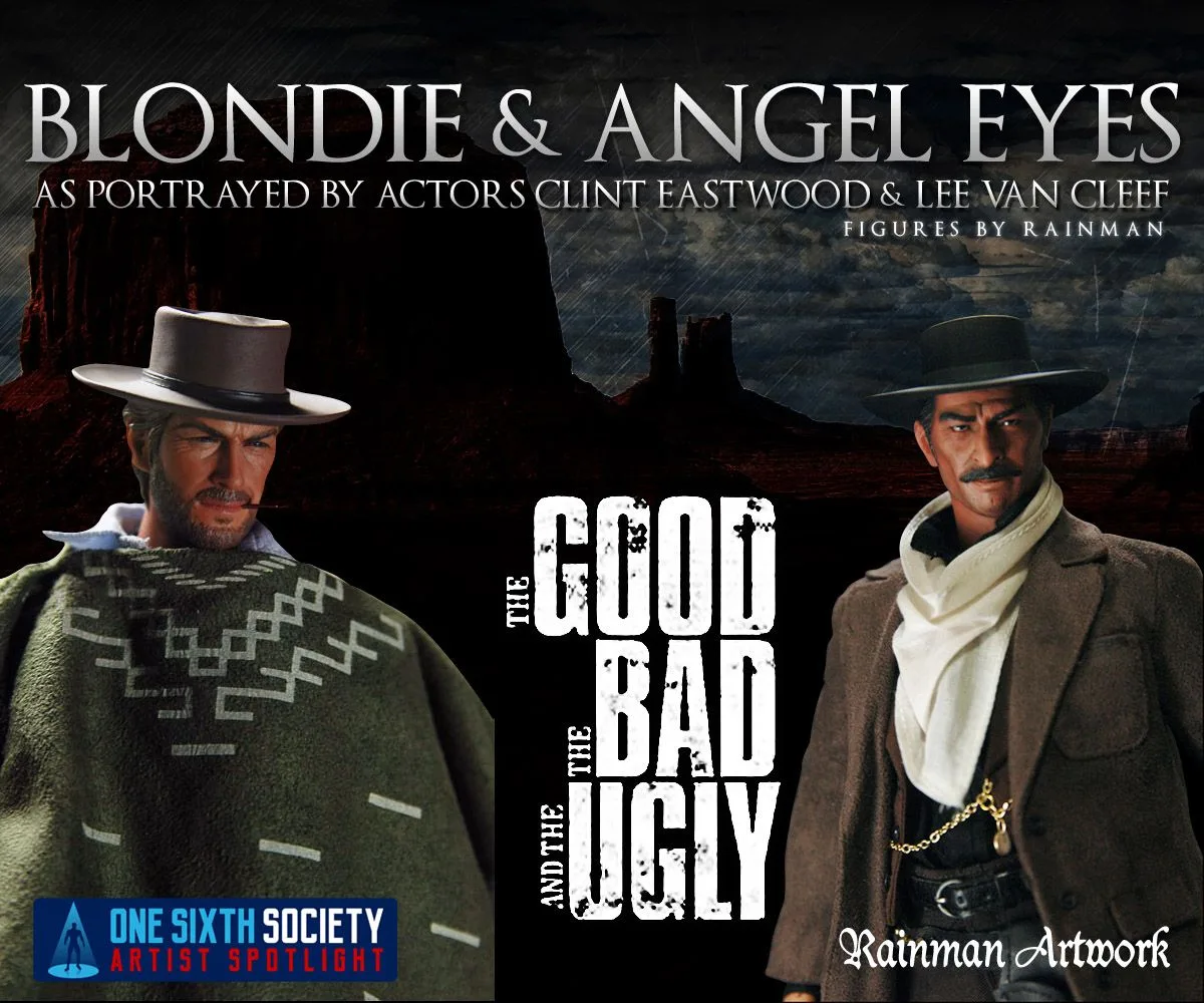 Rainman Artwork Blondie in a patterned poncho and Angel Eyes in a dark hat and pale scarf, shown against The Good, the Bad and the Ugly artwork.