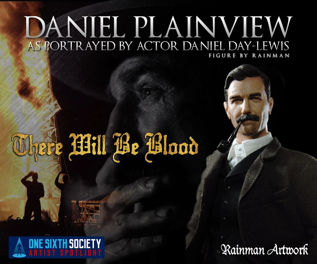 Rainman Artwork Daniel Plainview figure in a dark suit with a pipe in his mouth, beside fiery There Will Be Blood artwork.