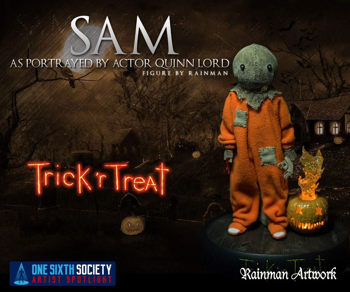 Rainman Artwork Sam figure in orange patched pajamas and a burlap mask, standing beside a glowing jack-o'-lantern in a Trick 'r Treat composite.