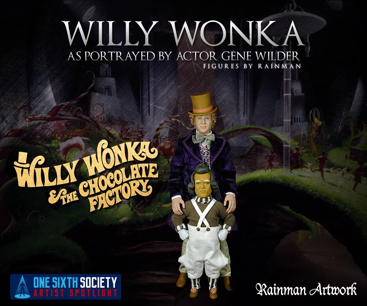 Rainman Artwork Willy Wonka in a purple coat and yellow top hat standing behind an Oompa Loompa in white overalls against a candy-factory backdrop.