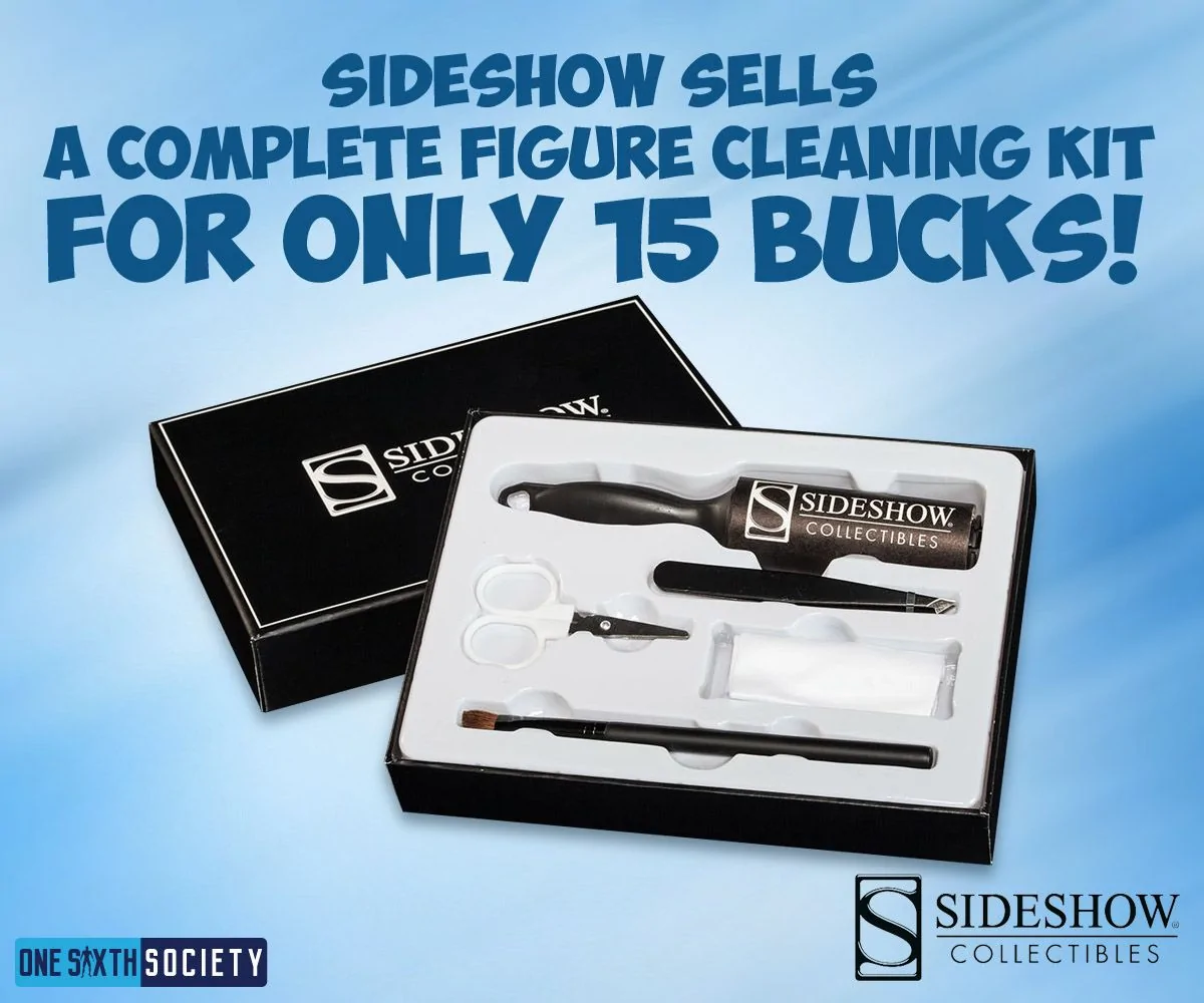 Archived Sideshow care-kit graphic showing a boxed brush, scissors, tweezers and other small tools beside a historical $15 headline.
