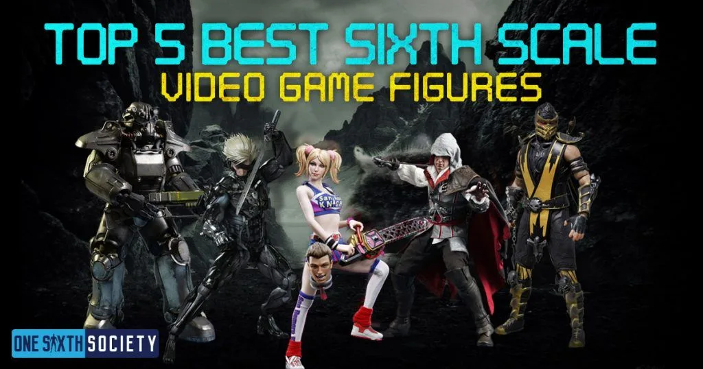 Top 5 Best Sixth Scale Video Game Figures banner with Fallout power armor, Raiden, Chainsaw Girl, Ezio Auditore and Scorpion.