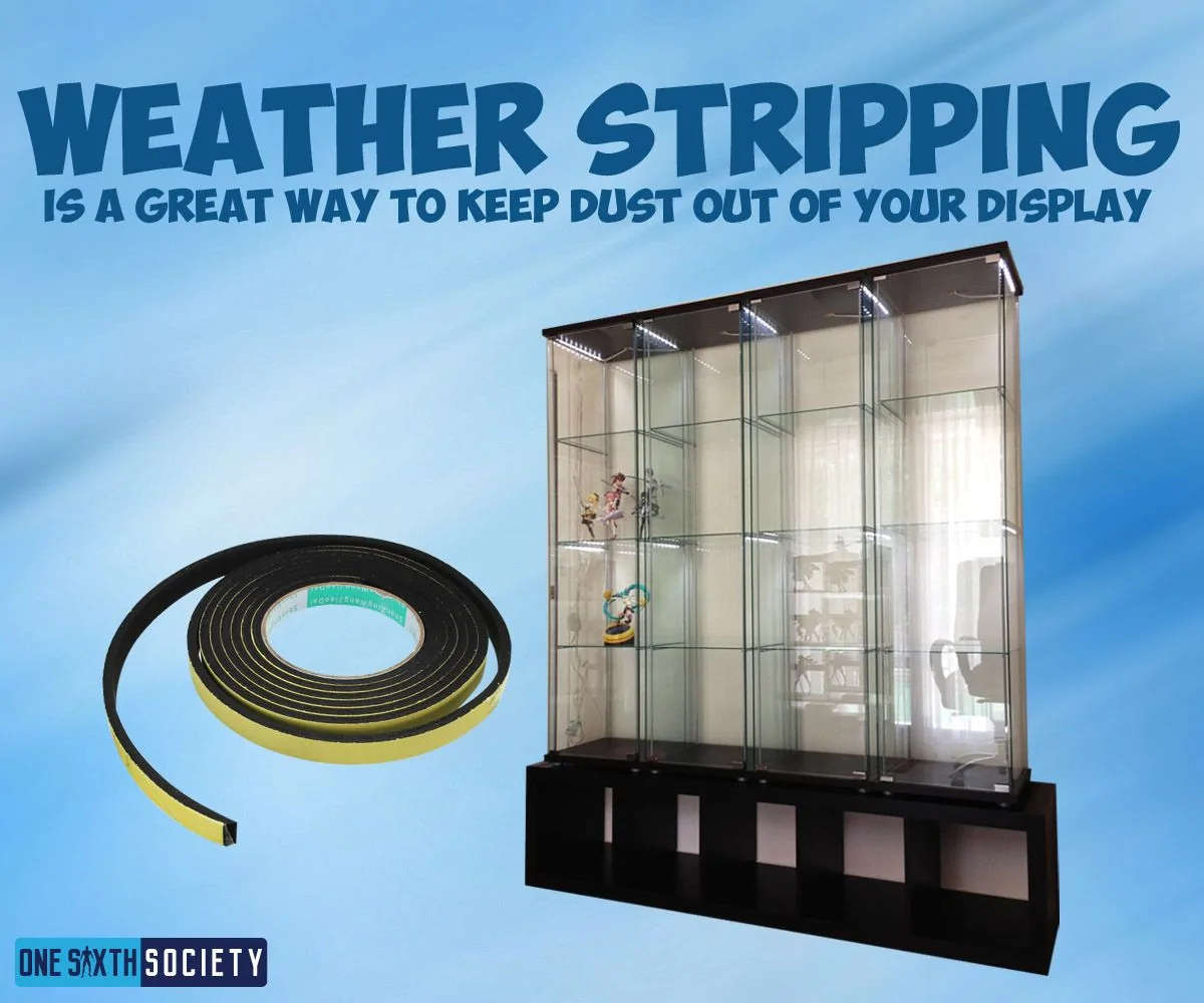 Weather-stripping guide artwork with a roll of black foam strip beside a row of glass figure cabinets on a dark storage unit.