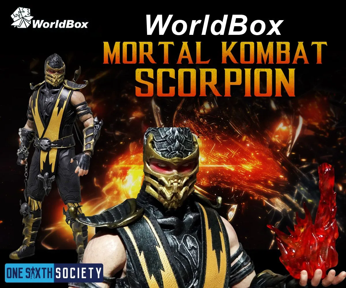 WorldBox Mortal Kombat Scorpion graphic showing the yellow-and-black masked figure and a close-up with red eyes against a fiery backdrop.