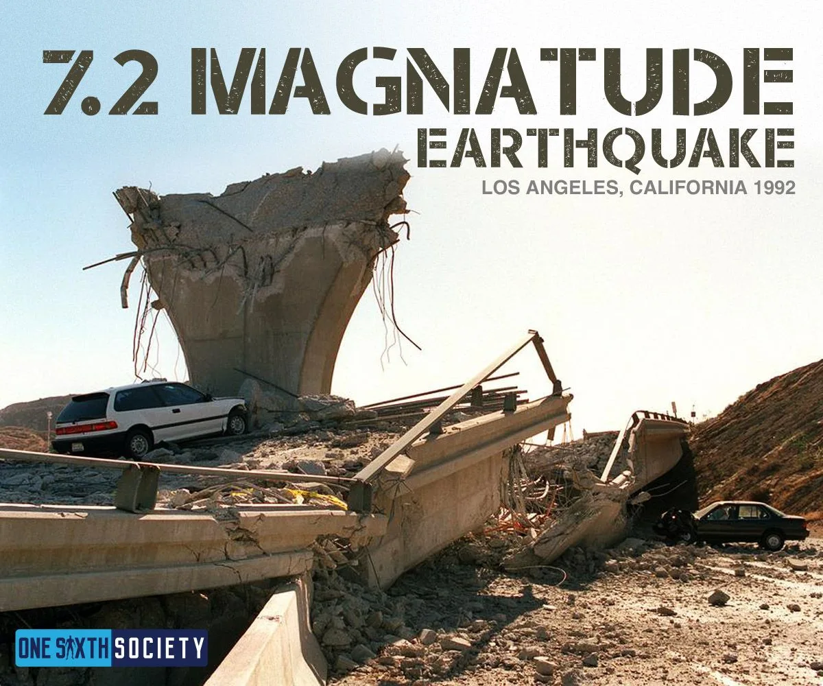 Collapsed concrete overpass, exposed reinforcing steel and a damaged car in an earthquake-preparedness graphic.