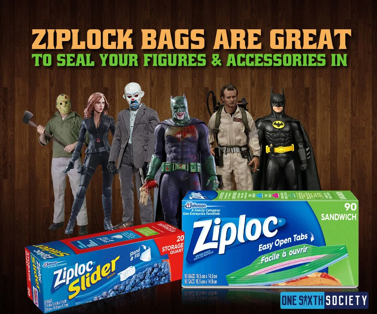 Boxes of Ziploc storage bags beside several collectible figures in a graphic about bagging figures and accessories.