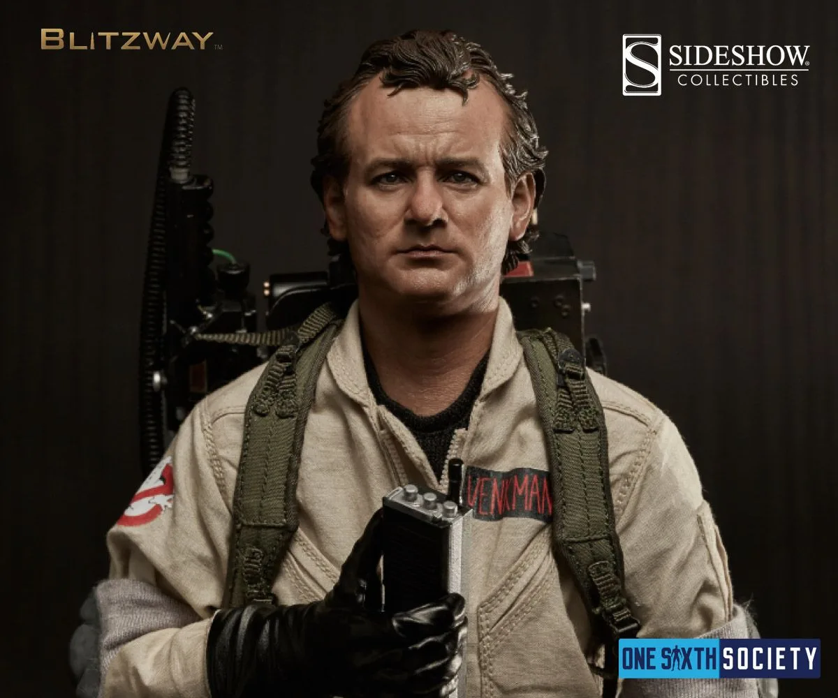 Peter Venkman figure in a beige Ghostbusters uniform holding a radio, with proton-pack straps over his shoulders.