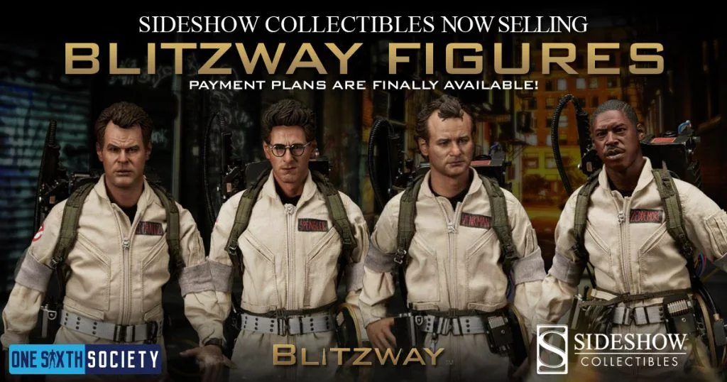 Four Blitzway Ghostbusters figures beneath a historical announcement that Sideshow is selling Blitzway figures with payment plans.