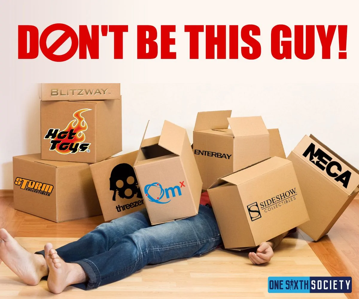 Humorous illustration of a person lying beneath branded collectible shipping cartons with the warning, Don’t be this guy.