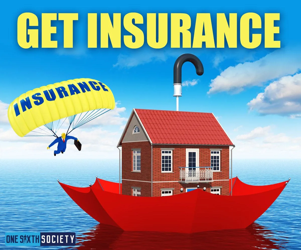 Get Insurance illustration showing a small house in a red umbrella on water and a figure descending by an insurance-labelled parachute.