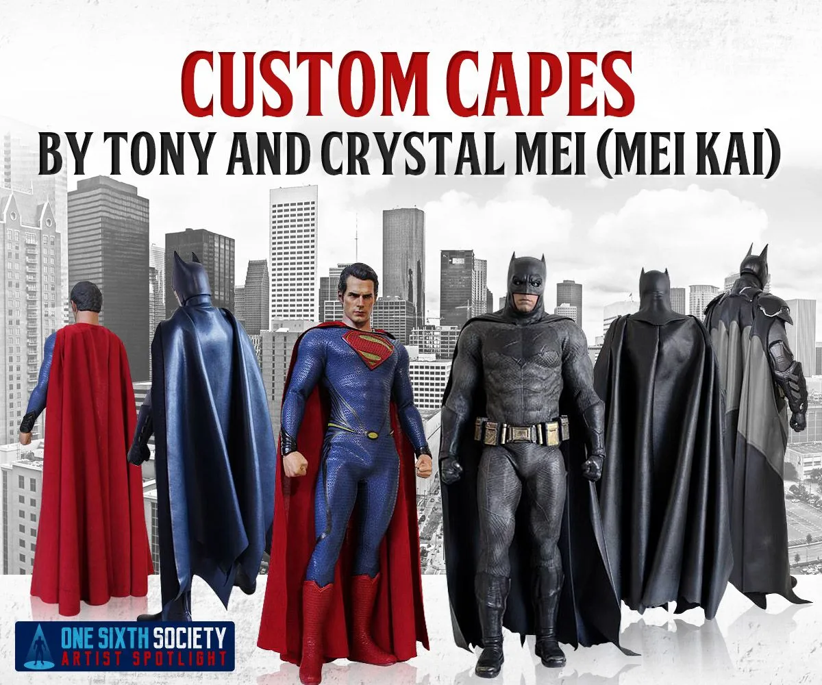 Batman and Superman figures showing front and rear cape views in artwork crediting Tony and Crystal Mei of Mei Kai.