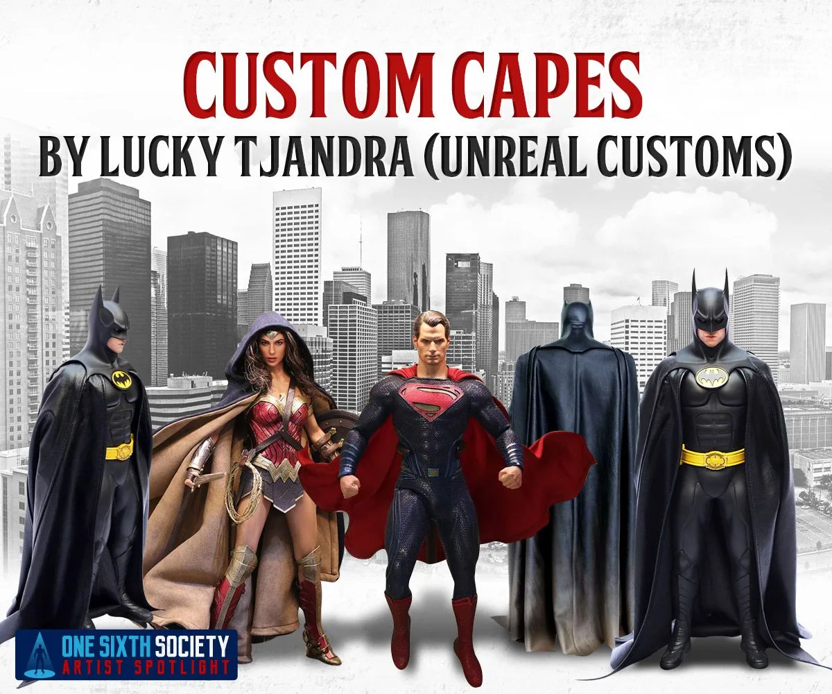 Batman, Superman and Wonder Woman figures with varied cape poses in artwork crediting Lucky Tjandra of Unreal Customs.