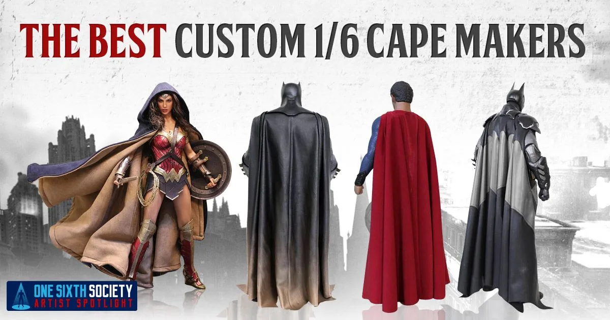 Wonder Woman, Batman and Superman figures displaying flowing capes beneath a custom sixth-scale cape makers headline.