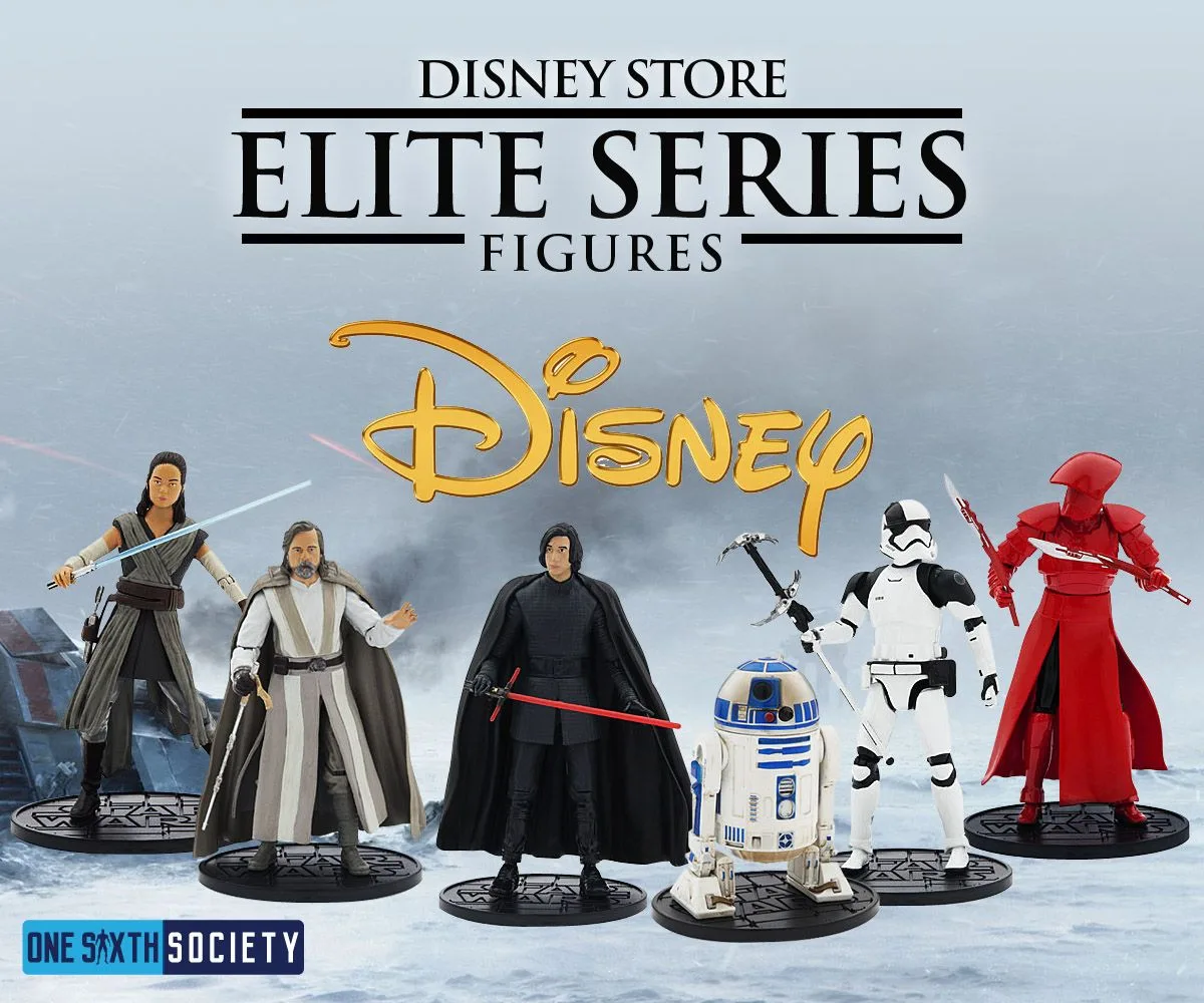 Disney Store Elite Series graphic with Rey, Luke Skywalker, Kylo Ren, R2-D2, an Executioner Trooper and a red Praetorian Guard on display stands.