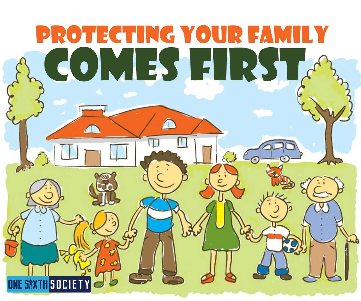 Cartoon family standing outside a house beneath the message Protecting Your Family Comes First.