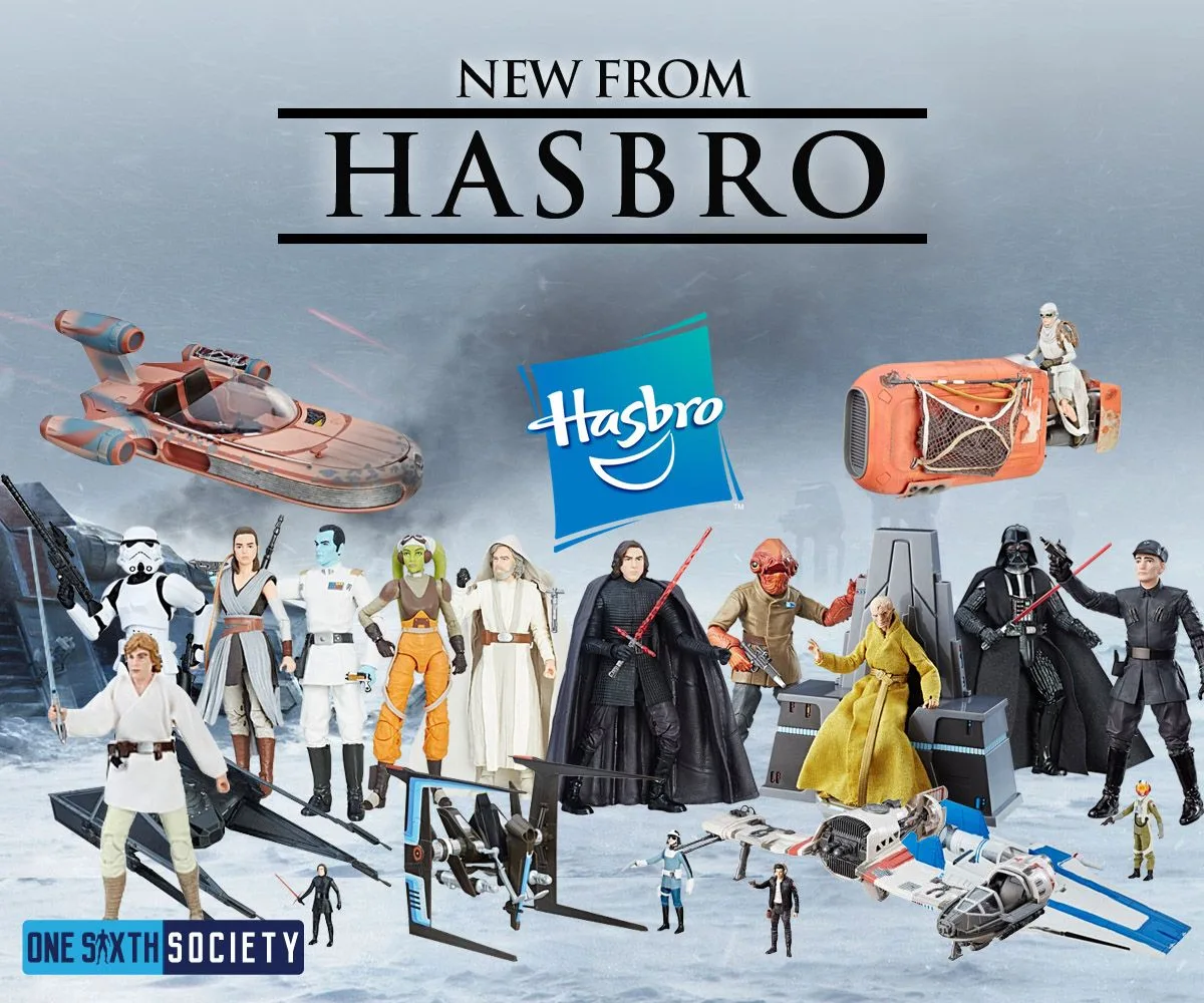 Hasbro Star Wars merchandise collage showing figures at different sizes with vehicles and accessories beneath the Hasbro logo.