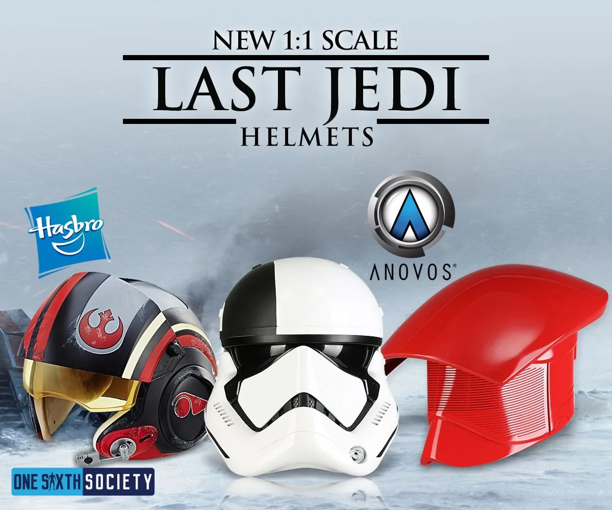 Last Jedi helmet graphic with a red-and-black Resistance pilot helmet, black-and-white Executioner helmet and red Praetorian helmet under Hasbro and Anovos logos.