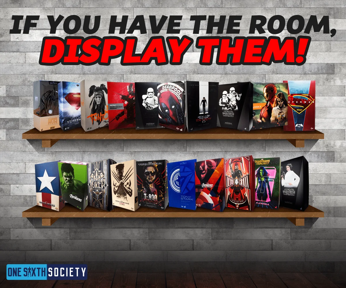 Illustration of collectible presentation boxes arranged on two wall shelves beneath the advice to display them if you have room.