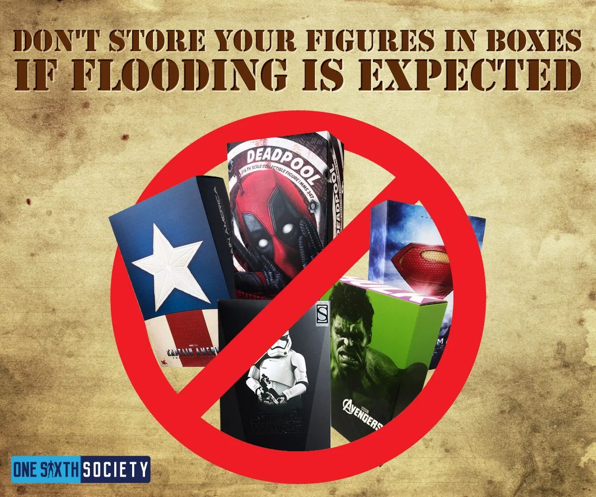 Figure boxes crossed out by a red prohibition symbol beneath a warning against storing figures in boxes when flooding is expected.