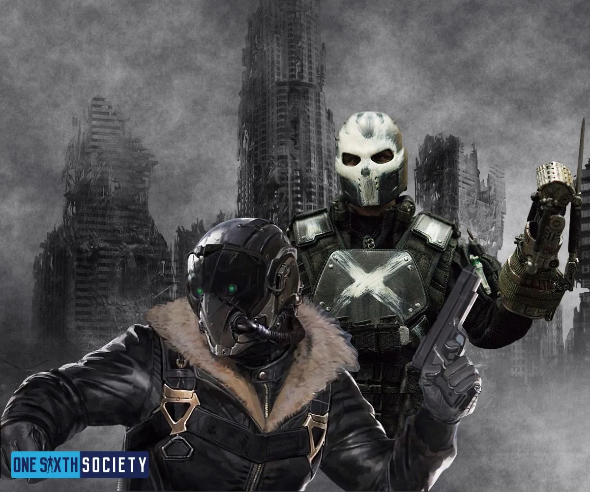 Crossbones in a skull mask and white-X chest armor behind Vulture in a flight jacket and dark mechanical helmet.