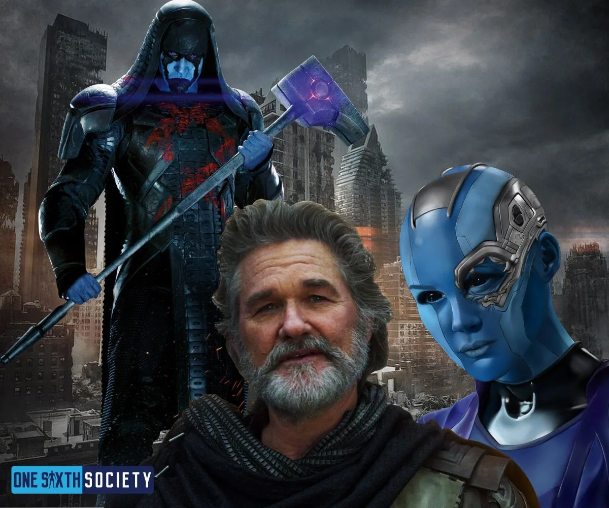 Guardians of the Galaxy character montage showing Ronan with his hammer, a bearded Ego and blue-skinned Nebula.