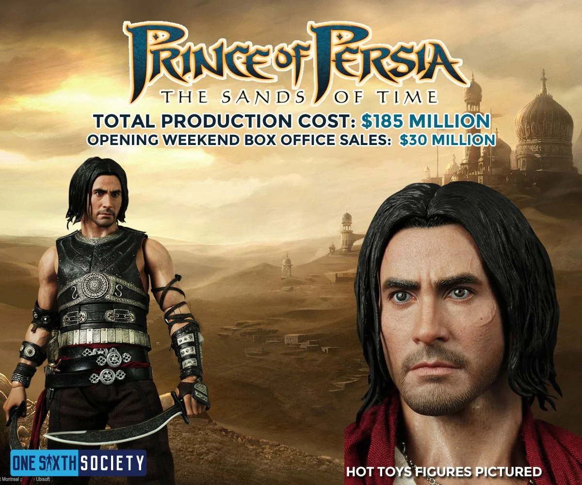 Prince of Persia graphic with a Dastan head-sculpt close-up and a long-haired figure in leather armor holding a curved sword.
