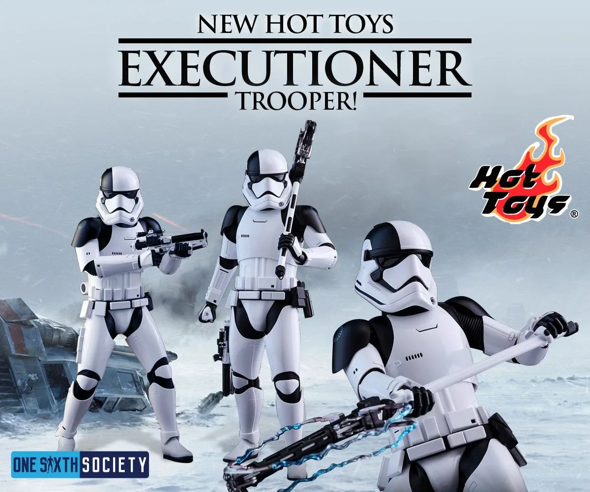 Three Hot Toys Executioner Trooper poses showing black-accented white armor, blasters and a long weapon with blue electrical effects.