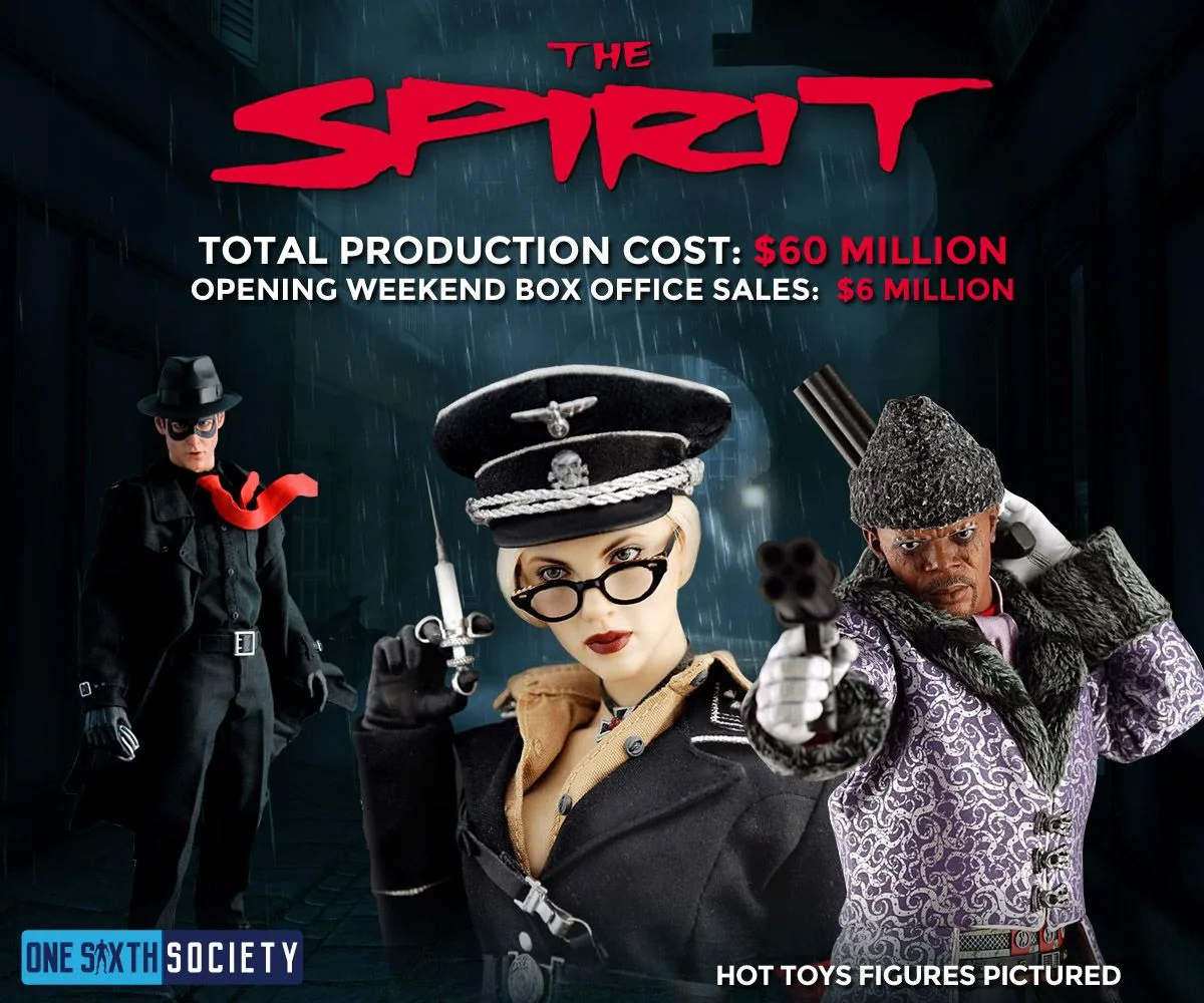 The Spirit graphic showing the masked hero in a hat and red tie, Silken Floss in uniform with glasses, and the Octopus in a patterned coat and fur hat.