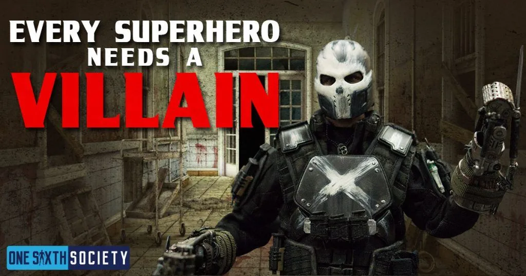Every Superhero Needs a Villain banner showing Crossbones in a skull mask and armor marked with a white X.