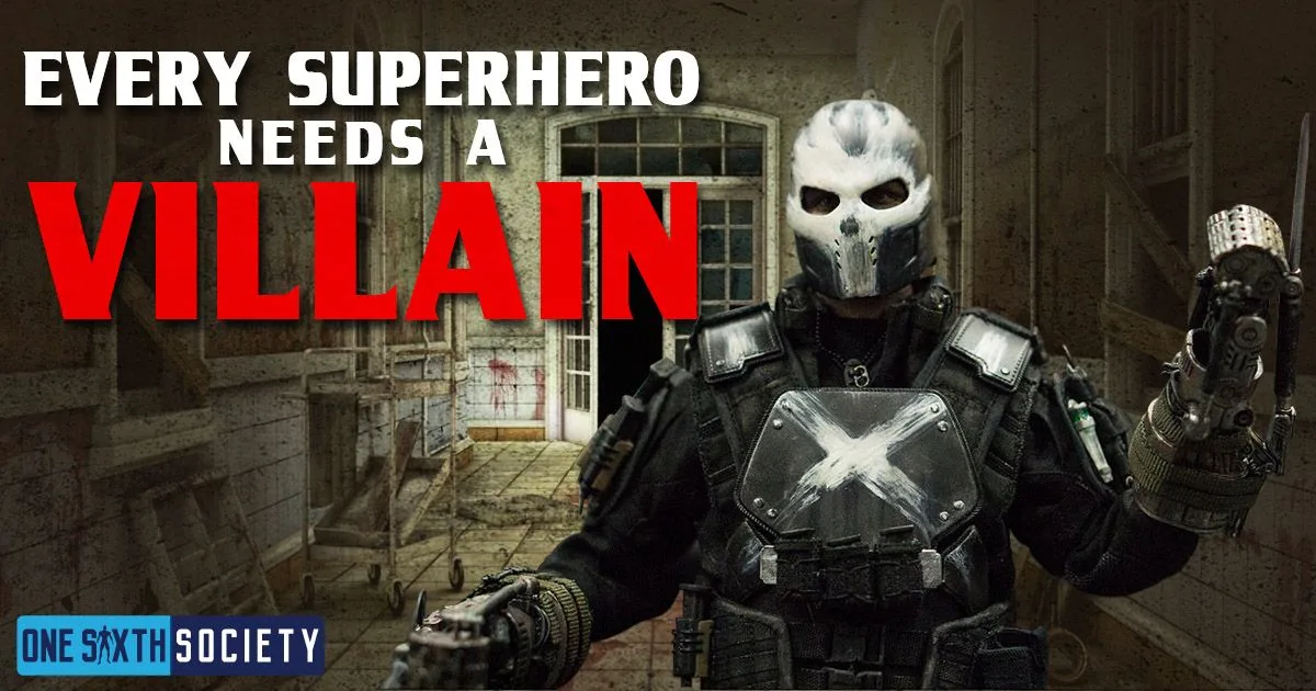 Every Superhero Needs a Villain banner showing Crossbones in a skull mask and armor marked with a white X.