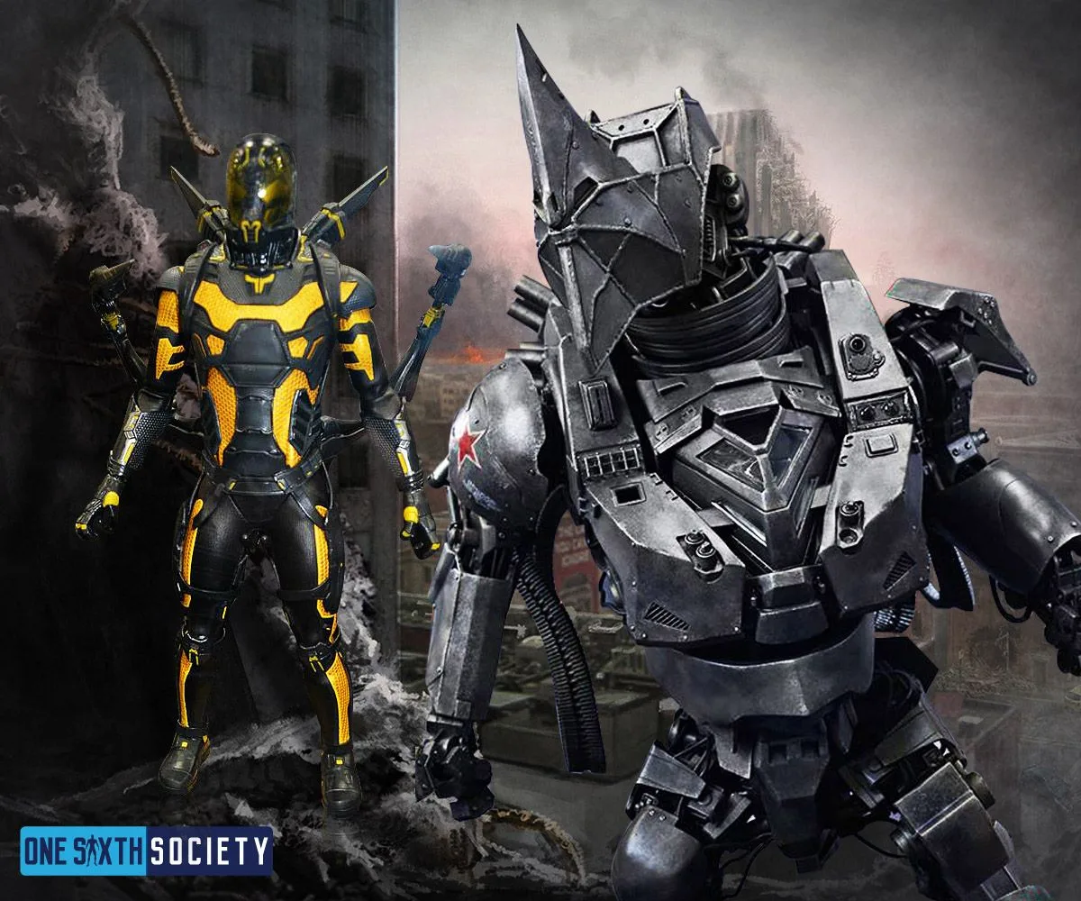 Editorial montage of yellow-and-black armored Yellowjacket beside the large gray mechanical Rhino against a ruined city backdrop.